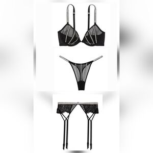 3-PC Victoria's Secret Very Sexy Sheer Bling Bra Thong & Garter Belt Set 36DD/M